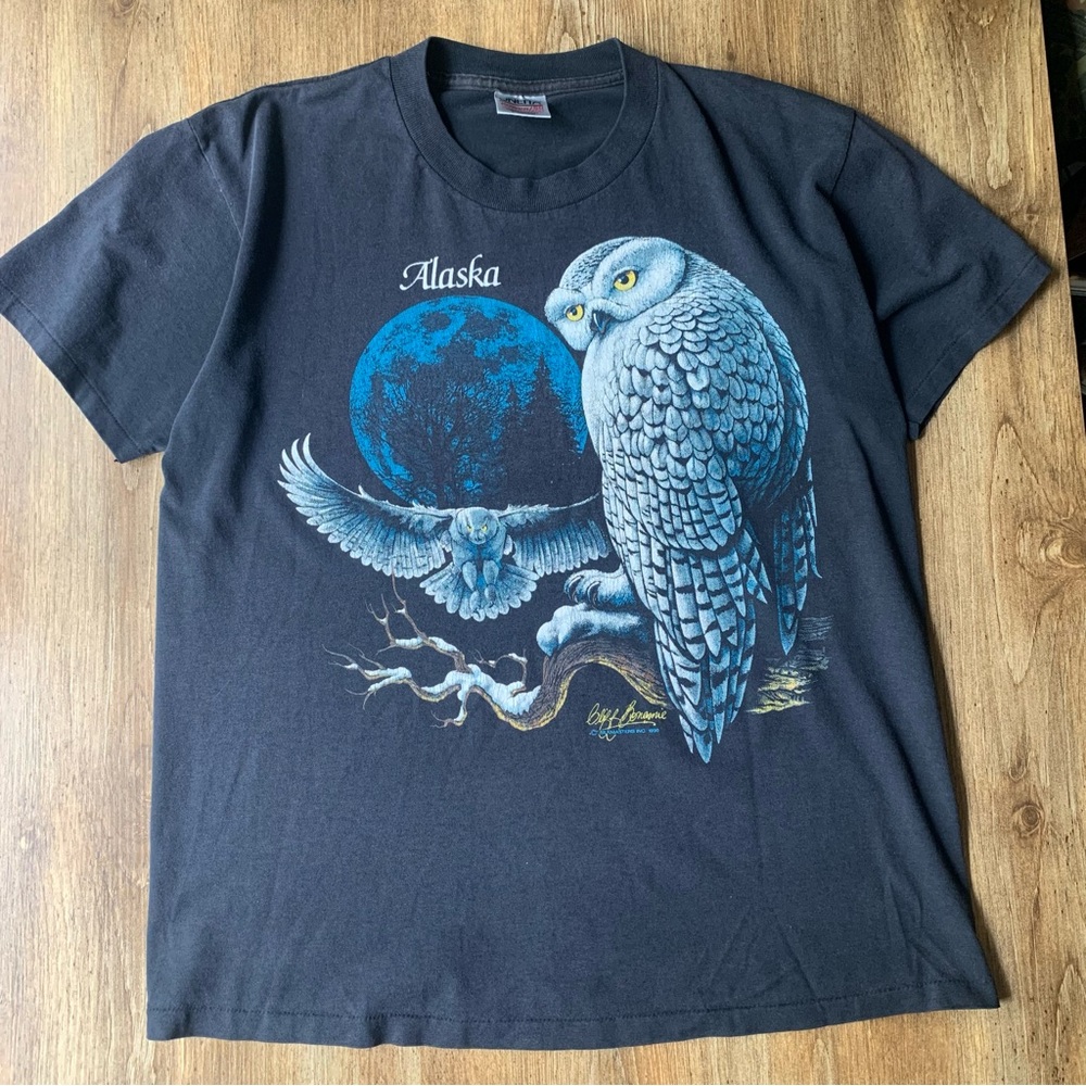 Vintage Cliff Bonamie Alaska Snowy Owl Shirt Large Black Onita 90s Graphic Tee